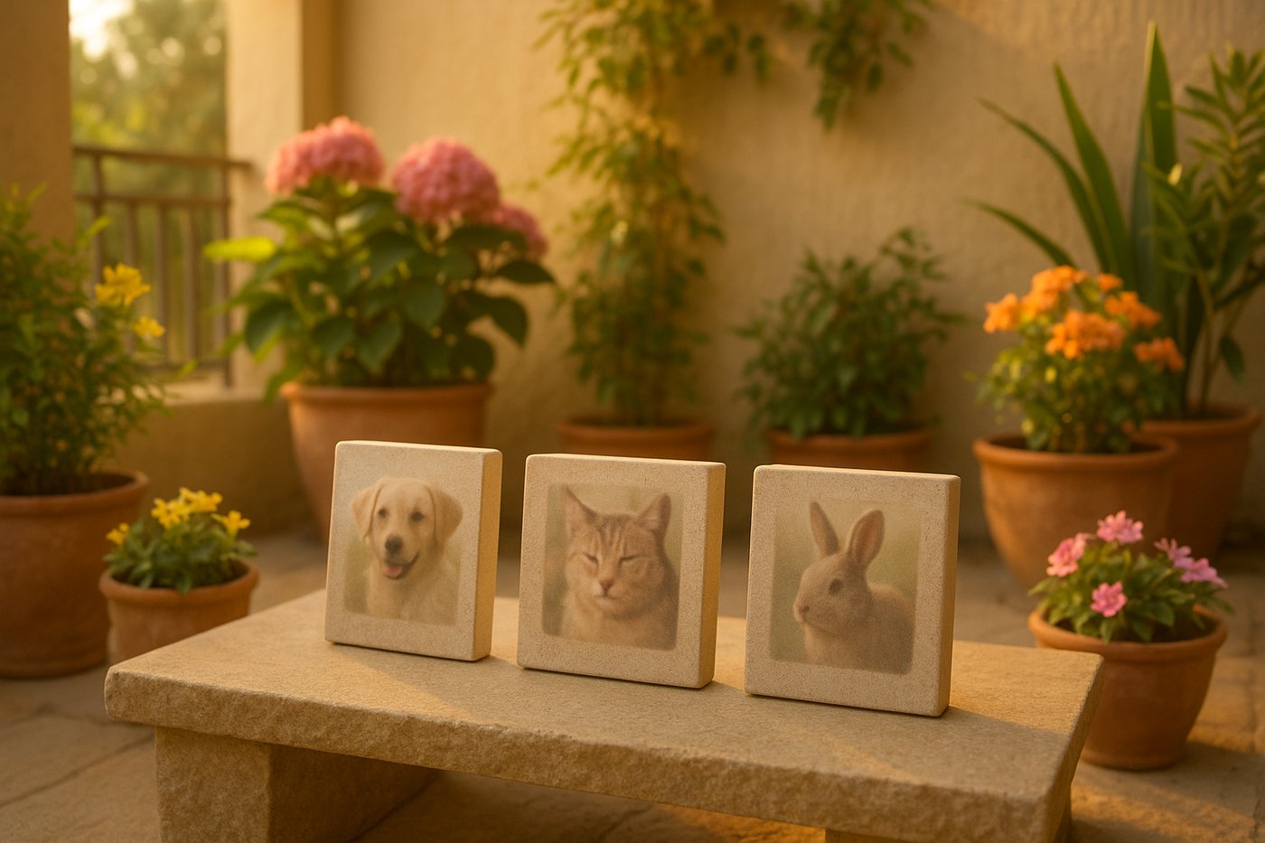 Personalised dog, cat and rabbit memorial stones on a garden bench, surrounded by potted flowers