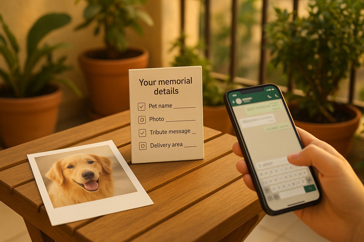 Sending a pet's photo and memorial details over WhatsApp, next to a printed photo and a memorial details checklist