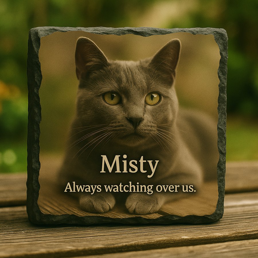 Personalised cat memorial slate outdoors