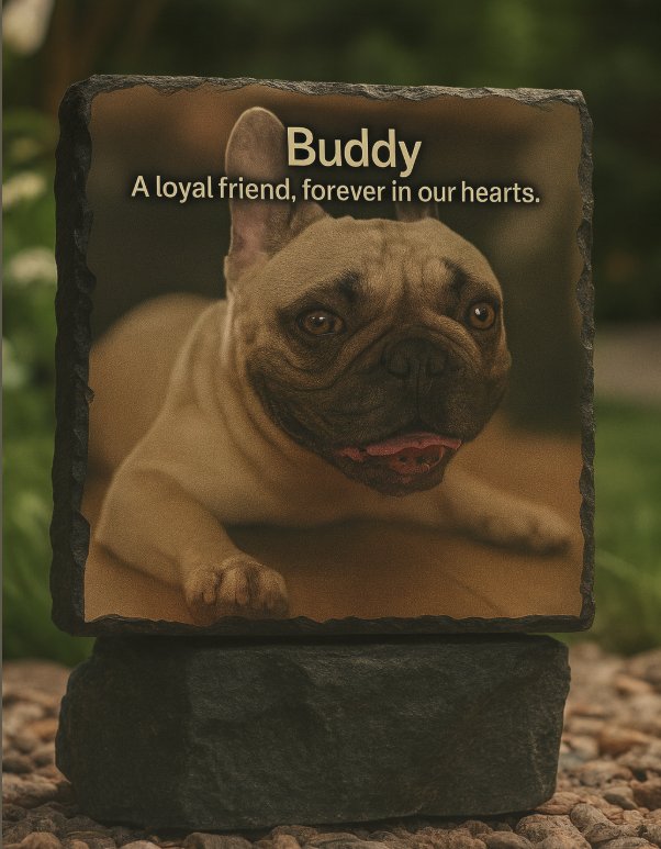 Personalised dog memorial slate outdoors